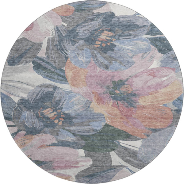 HomeRoots 8' X 8' Washable Round Rug with UV Protection - Stylish Pewter, Salmon & Gray Floral Design for Any Room 694005