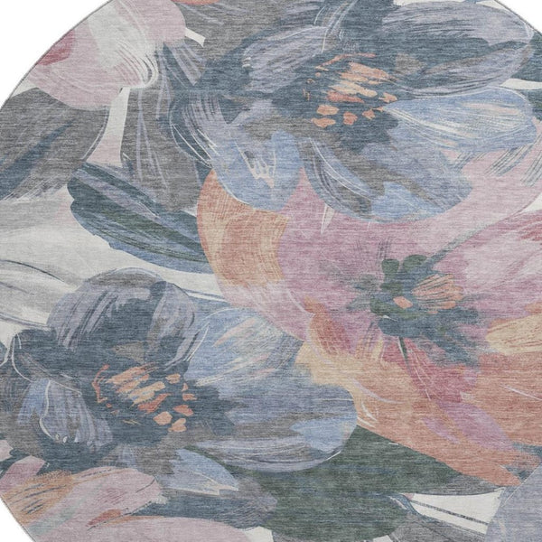 HomeRoots 8' X 8' Washable Round Rug with UV Protection - Stylish Pewter, Salmon & Gray Floral Design for Any Room 694005