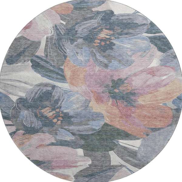 HomeRoots 8' X 8' Washable Round Rug with UV Protection - Stylish Pewter, Salmon & Gray Floral Design for Any Room 694005