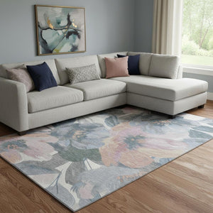 HomeRoots 8' Elegant Pewter Salmon Gray Floral Area Rug - Washable, UV Protected, Stain Resistant Design 694006