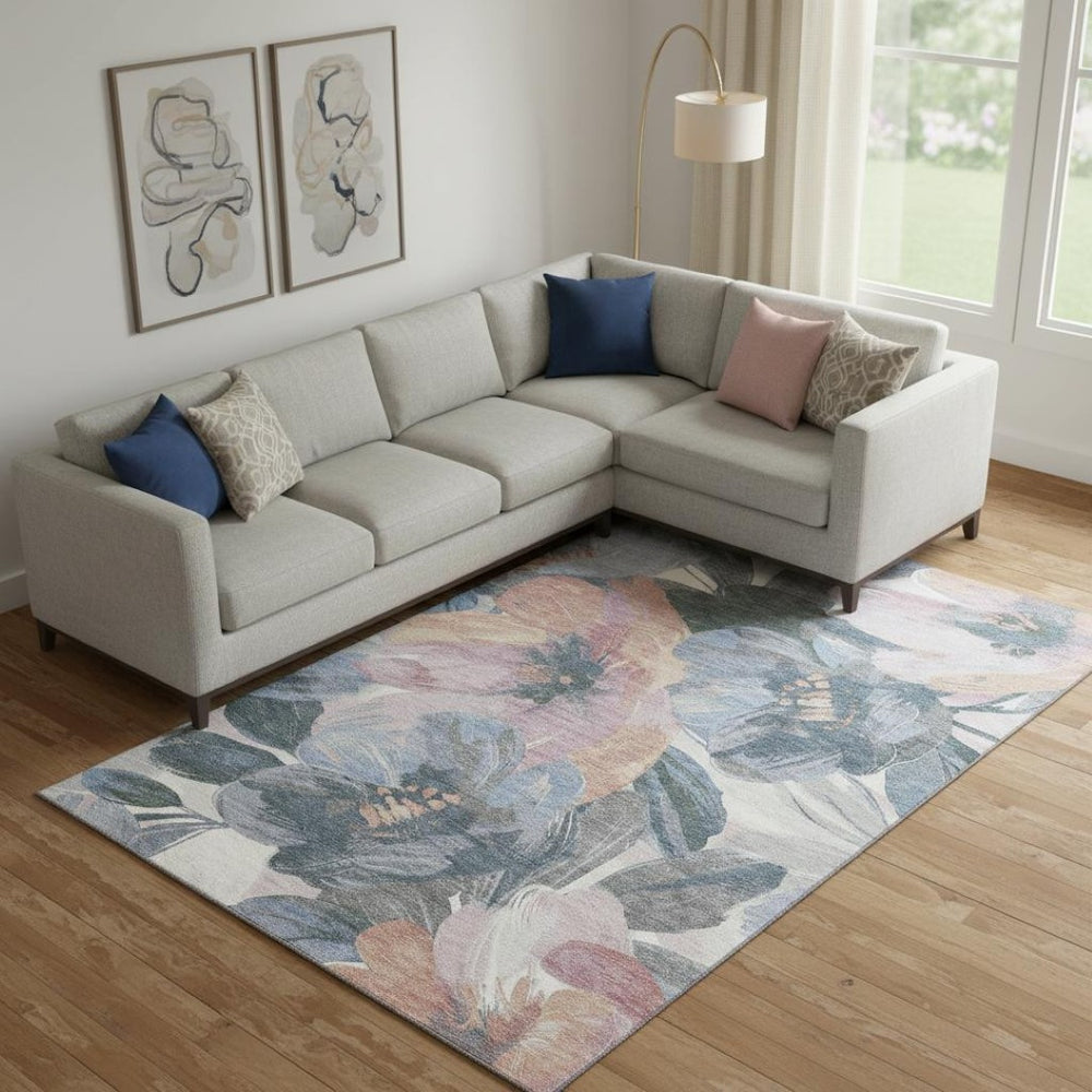 HomeRoots 9' X 12' Washable Pewter Salmon Floral Area Rug with UV Protection - Durable & Stylish for Homes 694007