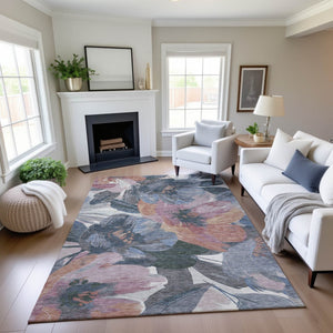 HomeRoots 9' X 12' Washable Pewter Salmon Floral Area Rug with UV Protection - Durable & Stylish for Homes 694007
