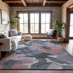 HomeRoots 9' X 12' Washable Pewter Salmon Floral Area Rug with UV Protection - Durable & Stylish for Homes 694007