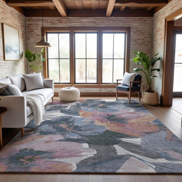 HomeRoots 9' X 12' Washable Pewter Salmon Floral Area Rug with UV Protection - Durable & Stylish for Homes 694007