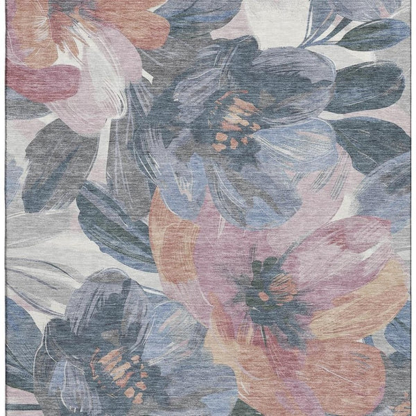 HomeRoots 9' X 12' Washable Pewter Salmon Floral Area Rug with UV Protection - Durable & Stylish for Homes 694007