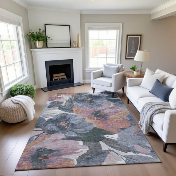 HomeRoots 10' X 14' Washable Pewter Salmon Floral Area Rug with UV Protection – Durable, Stylish, Easy Care! 694008