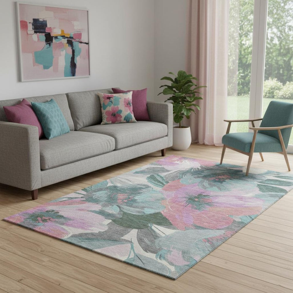 HomeRoots 5' X 8' Teal Blush Ivory Floral Washable Area Rug - Durable, Stain-Resistant, UV Protected & Stylish 694010