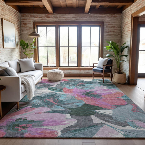 HomeRoots 5' X 8' Teal Blush Ivory Floral Washable Area Rug - Durable, Stain-Resistant, UV Protected & Stylish 694010