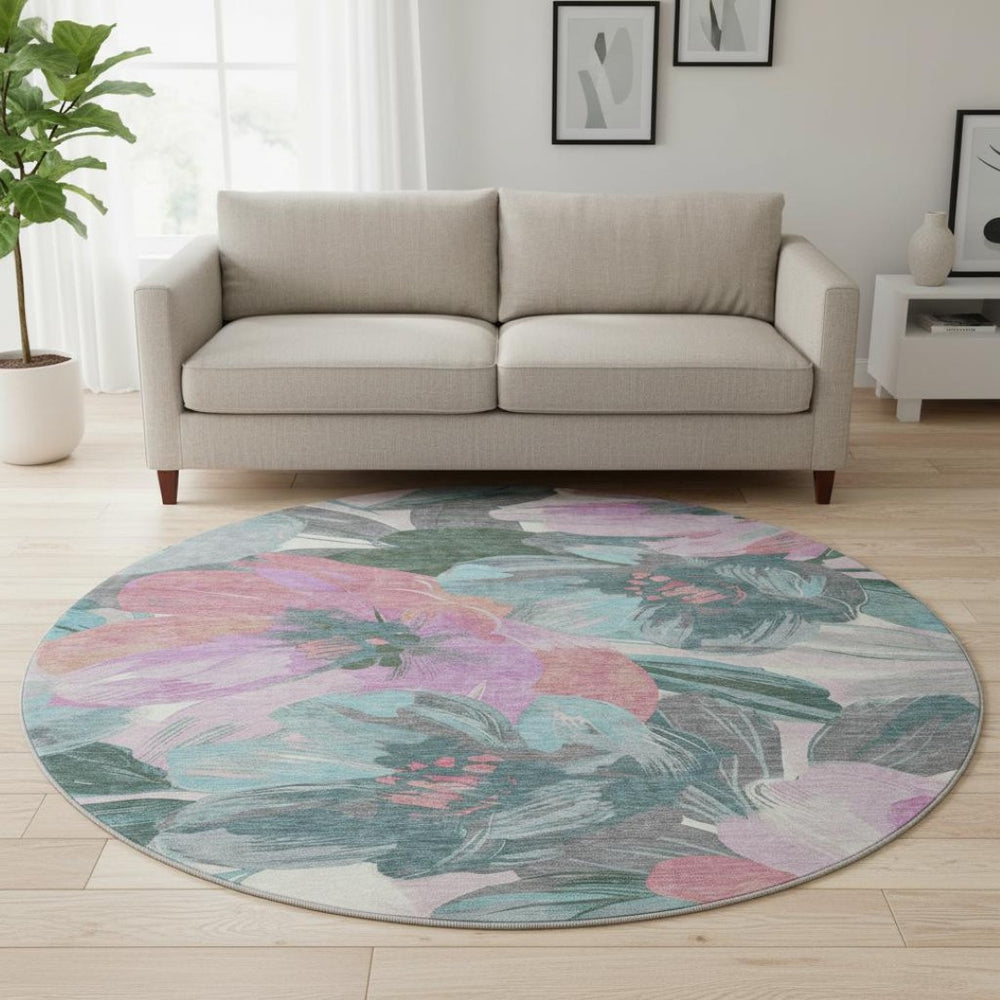 HomeRoots 8' X 8' Stylish Teal Blush Floral Round Rug - Washable, UV Protected, Stain Resistant & Non-Slip! 694011