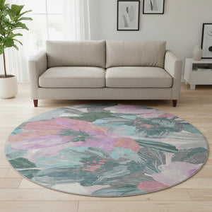 HomeRoots 8' X 8' Stylish Teal Blush Floral Round Rug - Washable, UV Protected, Stain Resistant & Non-Slip! 694011