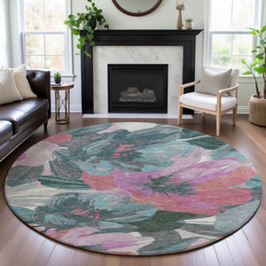 HomeRoots 8' X 8' Stylish Teal Blush Floral Round Rug - Washable, UV Protected, Stain Resistant & Non-Slip! 694011