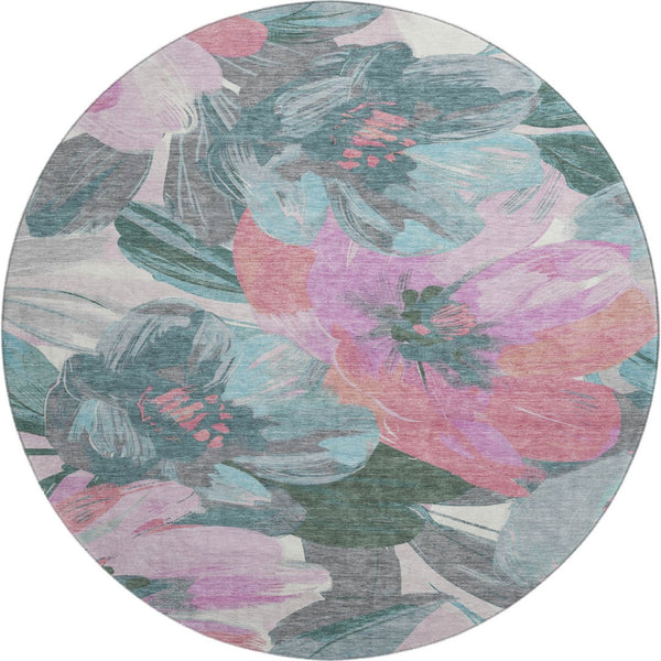 HomeRoots 8' X 8' Stylish Teal Blush Floral Round Rug - Washable, UV Protected, Stain Resistant & Non-Slip! 694011