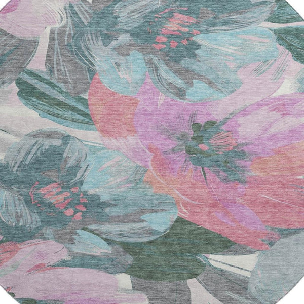 HomeRoots 8' X 8' Stylish Teal Blush Floral Round Rug - Washable, UV Protected, Stain Resistant & Non-Slip! 694011