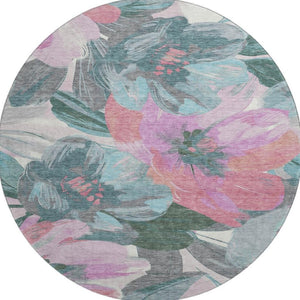 HomeRoots 8' X 8' Stylish Teal Blush Floral Round Rug - Washable, UV Protected, Stain Resistant & Non-Slip! 694011
