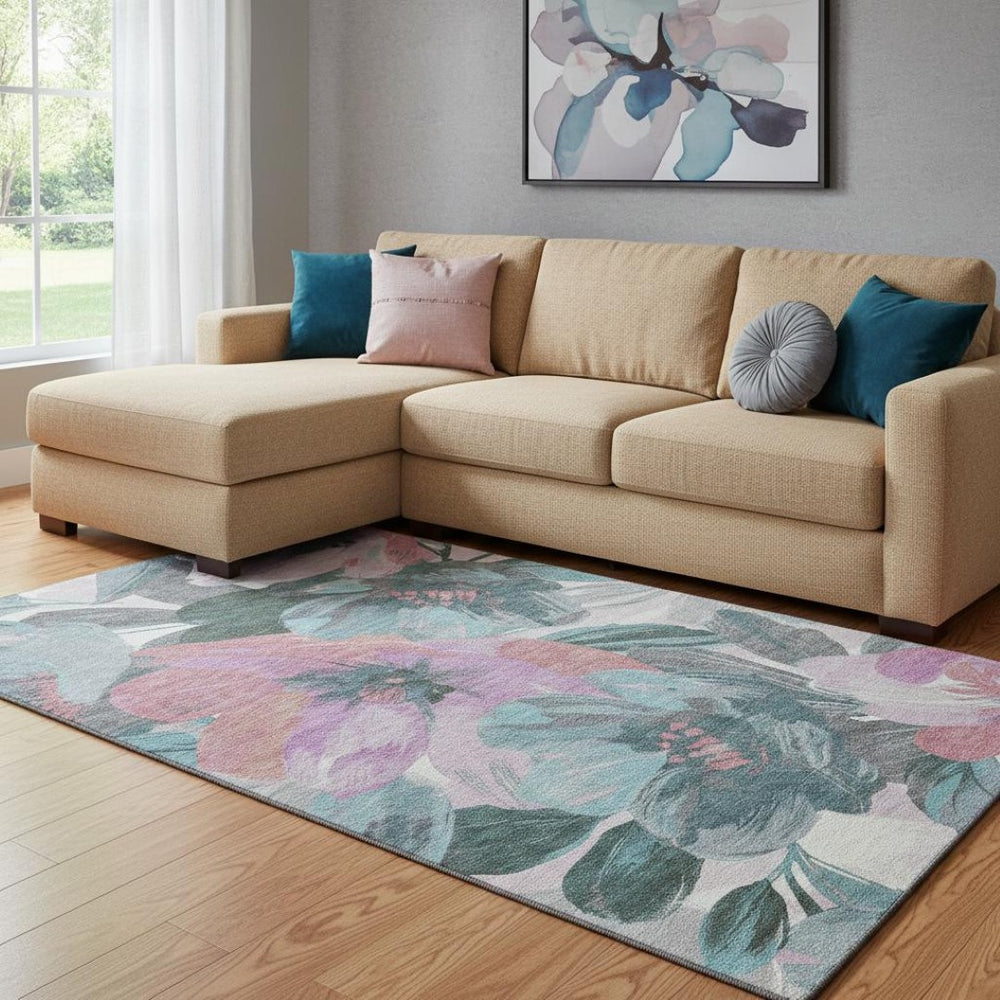 HomeRoots 8' Elegant Teal Blush Ivory Floral Area Rug - Washable, UV Protected, Non-Slip Design for Families 694012