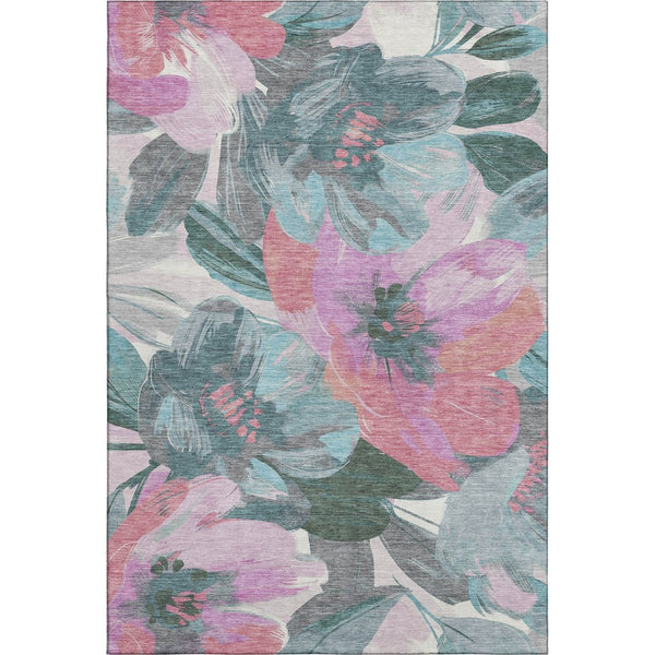 HomeRoots 8' Elegant Teal Blush Ivory Floral Area Rug - Washable, UV Protected, Non-Slip Design for Families 694012