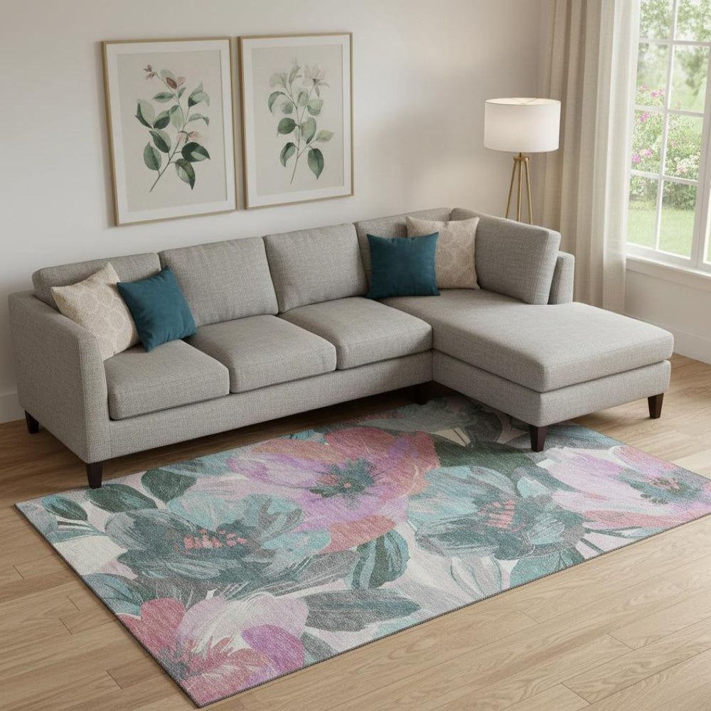HomeRoots 9' X 12' Elegant Teal Blush Ivory Floral Area Rug - Washable, UV Protected, Perfect for Families! 694013