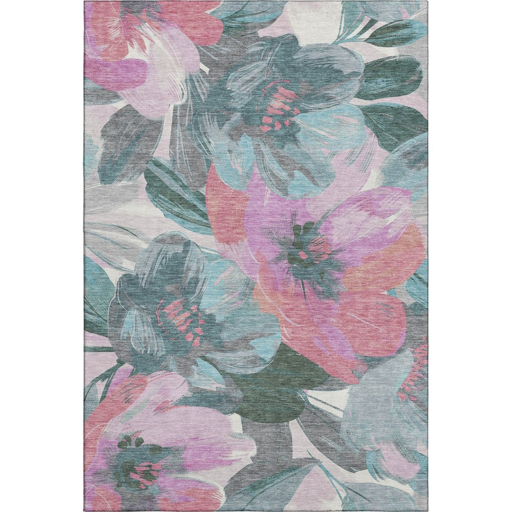 HomeRoots 9' X 12' Elegant Teal Blush Ivory Floral Area Rug - Washable, UV Protected, Perfect for Families! 694013
