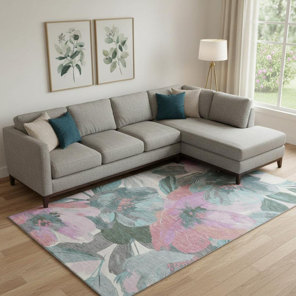 HomeRoots 10' Teal, Blush & Ivory Floral Washable Area Rug – UV Protected, Stain Resistant, Stylish Durable Design 694014