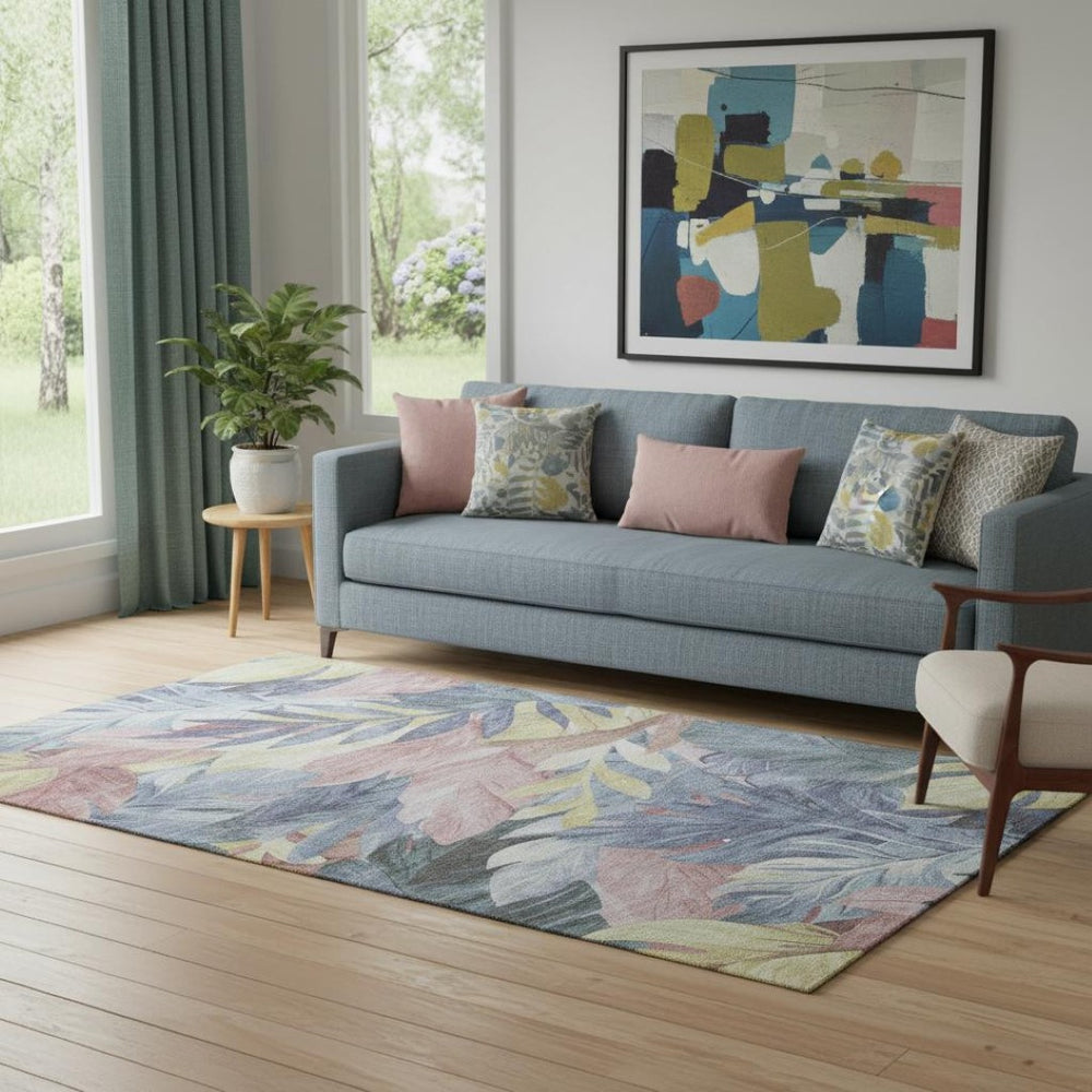 HomeRoots 5' X 8' Washable Denim Blue, Mauve & Gold Floral Area Rug with UV Protection for Busy Homes 694016