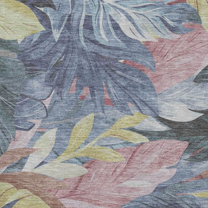 HomeRoots 5' X 8' Washable Denim Blue, Mauve & Gold Floral Area Rug with UV Protection for Busy Homes 694016