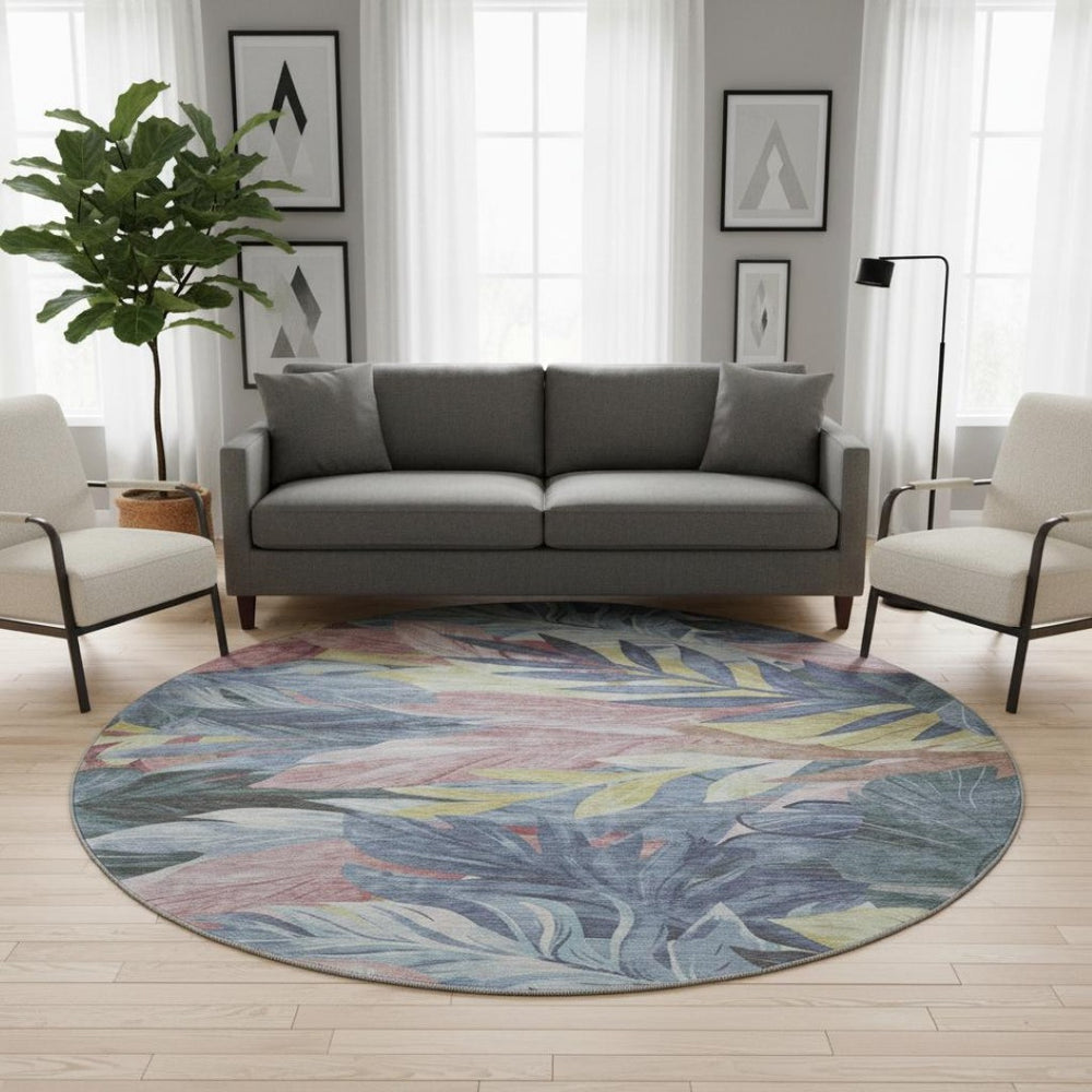 HomeRoots 8' X 8' Washable Denim Blue, Mauve & Gold Floral Rug with UV Protection for Stylish Home Décor 694017