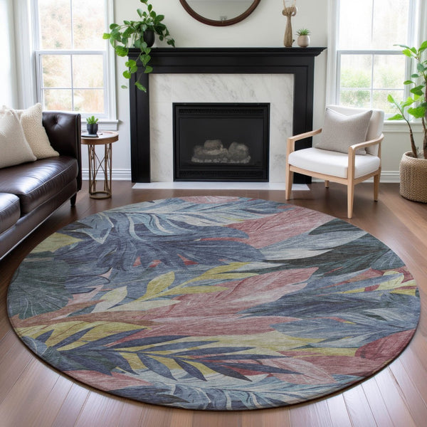 HomeRoots 8' X 8' Washable Denim Blue, Mauve & Gold Floral Rug with UV Protection for Stylish Home Décor 694017