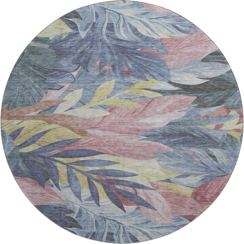HomeRoots 8' X 8' Washable Denim Blue, Mauve & Gold Floral Rug with UV Protection for Stylish Home Décor 694017