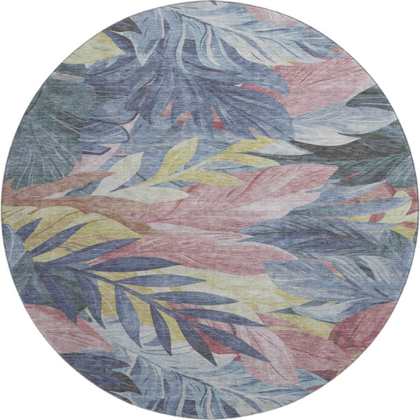 HomeRoots 8' X 8' Washable Denim Blue, Mauve & Gold Floral Rug with UV Protection for Stylish Home Décor 694017