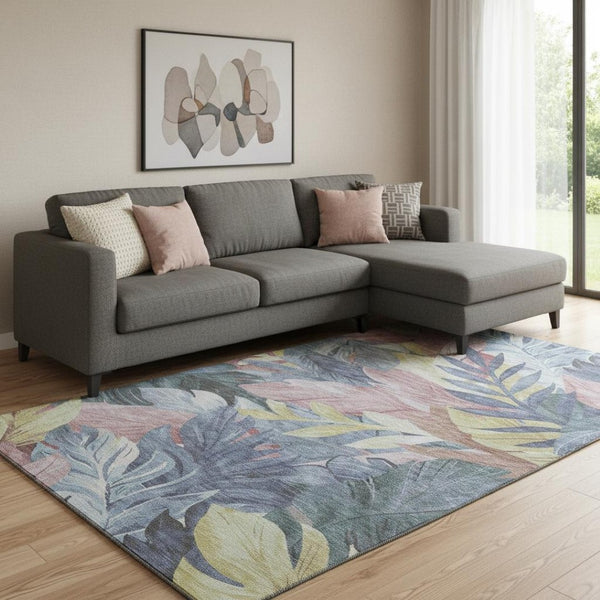 HomeRoots 8' Washable Floral Area Rug in Denim Blue, Mauve & Gold - UV Protected, Stain Resistant, Durable Design 694018