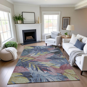 HomeRoots 8' Washable Floral Area Rug in Denim Blue, Mauve & Gold - UV Protected, Stain Resistant, Durable Design 694018