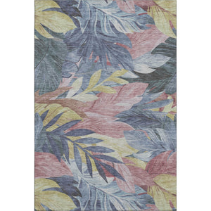 HomeRoots 8' Washable Floral Area Rug in Denim Blue, Mauve & Gold - UV Protected, Stain Resistant, Durable Design 694018