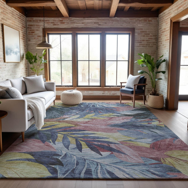 HomeRoots 8' Washable Floral Area Rug in Denim Blue, Mauve & Gold - UV Protected, Stain Resistant, Durable Design 694018