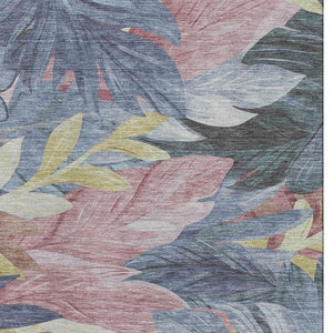 HomeRoots 8' Washable Floral Area Rug in Denim Blue, Mauve & Gold - UV Protected, Stain Resistant, Durable Design 694018