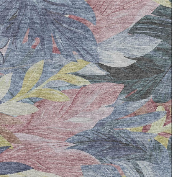 HomeRoots 8' Washable Floral Area Rug in Denim Blue, Mauve & Gold - UV Protected, Stain Resistant, Durable Design 694018