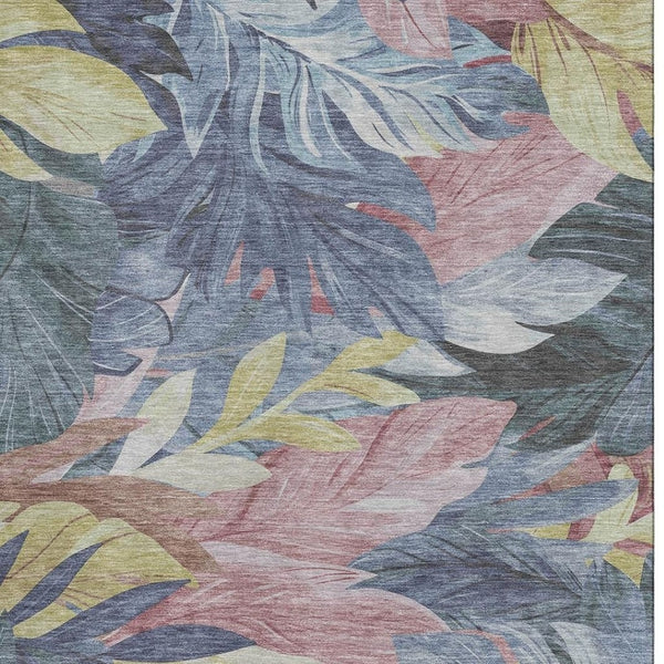 HomeRoots 8' Washable Floral Area Rug in Denim Blue, Mauve & Gold - UV Protected, Stain Resistant, Durable Design 694018