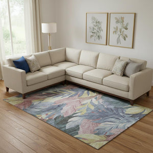 HomeRoots 9' X 12' Floral Area Rug in Denim Blue, Mauve & Gold—Washable, UV-Resistant, Perfect for Any Space! 694019