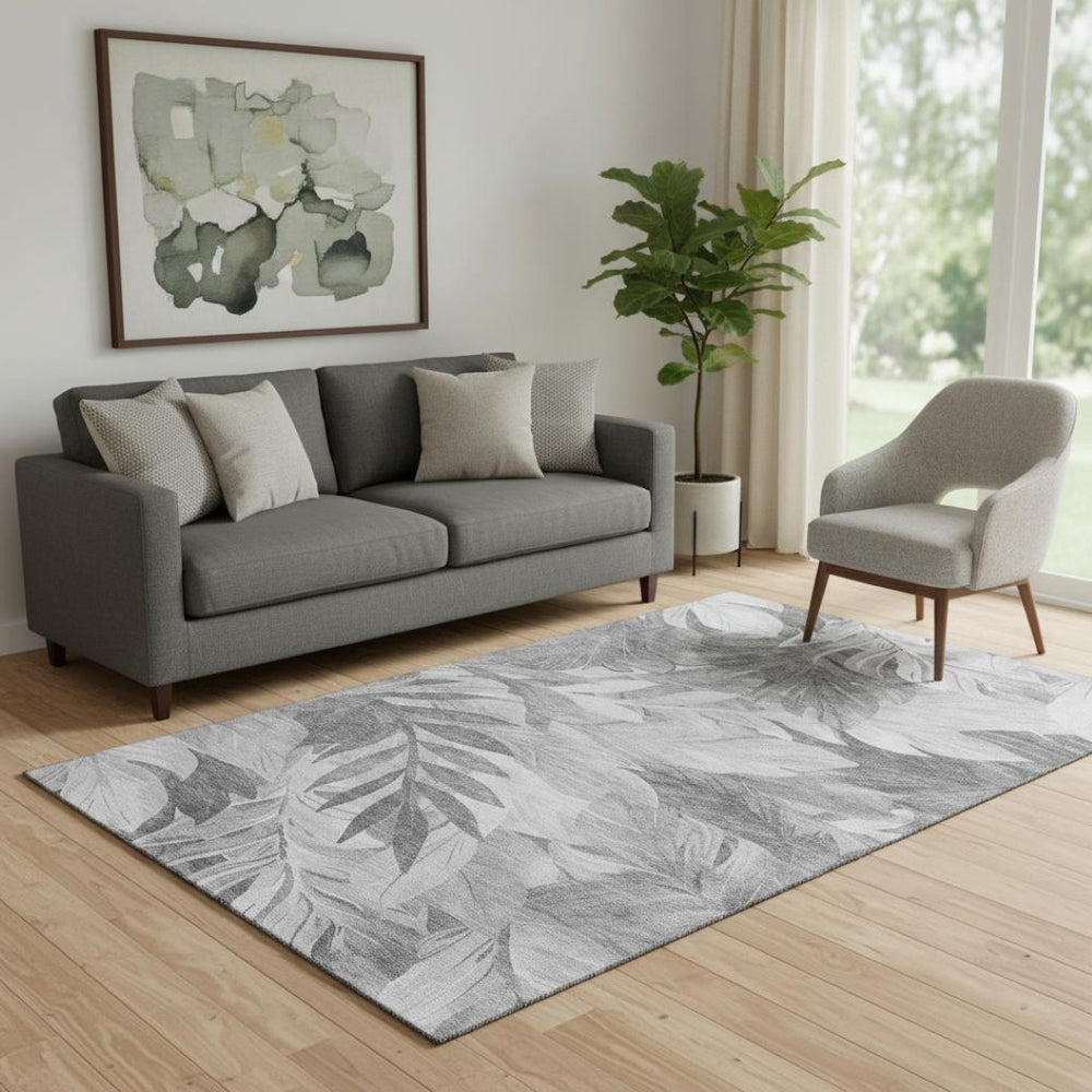 HomeRoots 5' X 8' Gray Silver Floral Washable Area Rug – Durable, Stain-Resistant, UV Protected for High-Traffic Spaces 694022