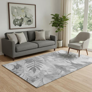 HomeRoots 5' X 8' Gray Silver Floral Washable Area Rug – Durable, Stain-Resistant, UV Protected for High-Traffic Spaces 694022