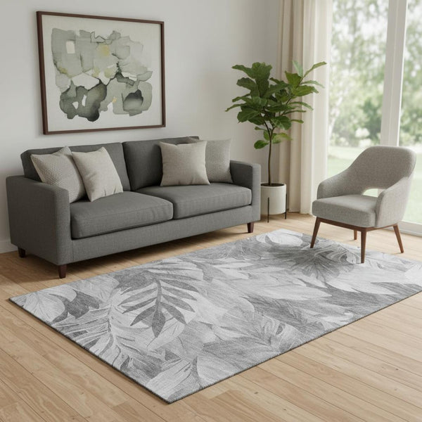 HomeRoots 5' X 8' Gray Silver Floral Washable Area Rug – Durable, Stain-Resistant, UV Protected for High-Traffic Spaces 694022