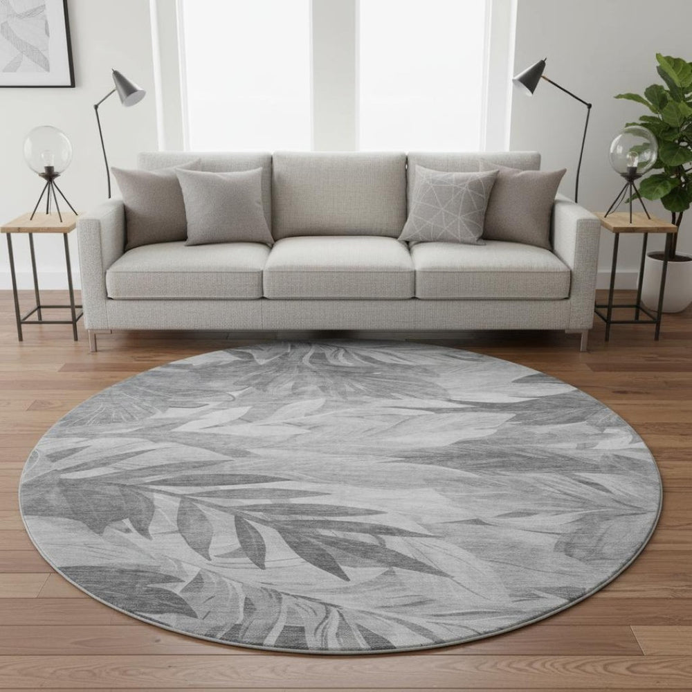 HomeRoots 8' Round Gray Silver Floral Area Rug - Washable, Stain-Resistant, UV Protected for Family Homes 694023
