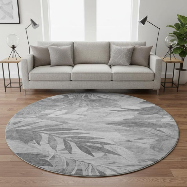 HomeRoots 8' Round Gray Silver Floral Area Rug - Washable, Stain-Resistant, UV Protected for Family Homes 694023