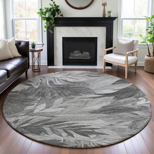 HomeRoots 8' Round Gray Silver Floral Area Rug - Washable, Stain-Resistant, UV Protected for Family Homes 694023
