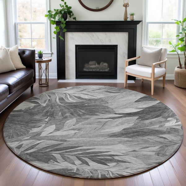 HomeRoots 8' Round Gray Silver Floral Area Rug - Washable, Stain-Resistant, UV Protected for Family Homes 694023