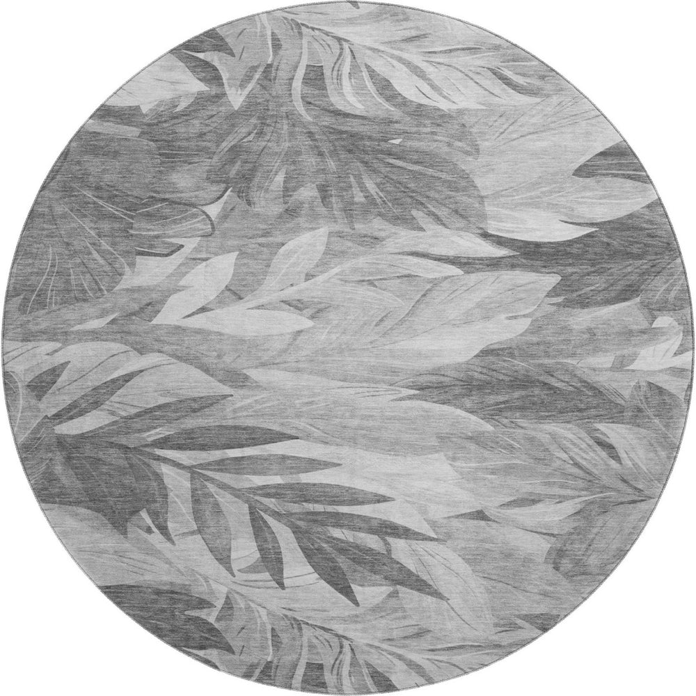 HomeRoots 8' Round Gray Silver Floral Area Rug - Washable, Stain-Resistant, UV Protected for Family Homes 694023