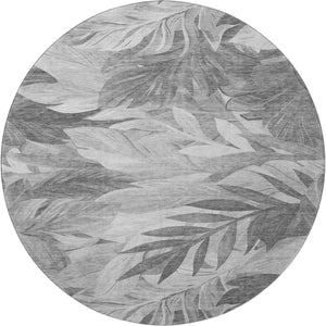 HomeRoots 8' Round Gray Silver Floral Area Rug - Washable, Stain-Resistant, UV Protected for Family Homes 694023