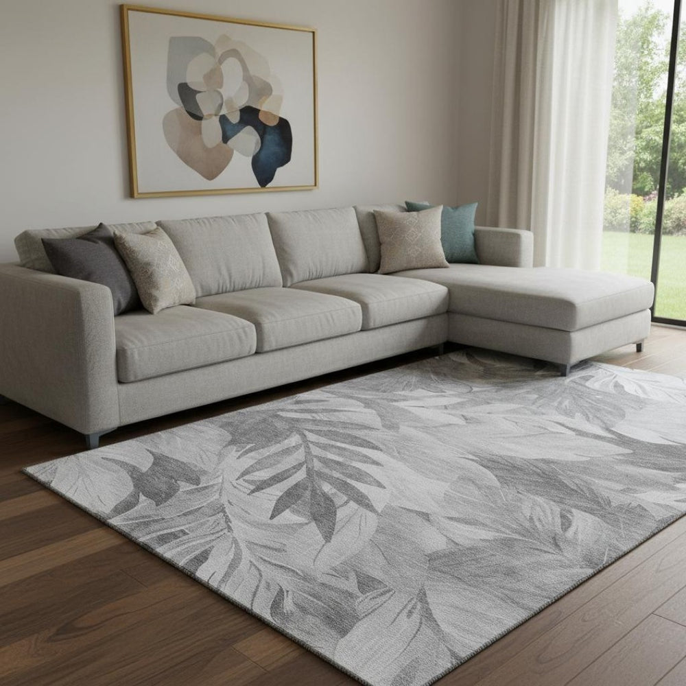 HomeRoots 8' Gray Silver and Charcoal Floral Washable Area Rug - Durable, UV-Protected, Ideal for Busy Homes 694024