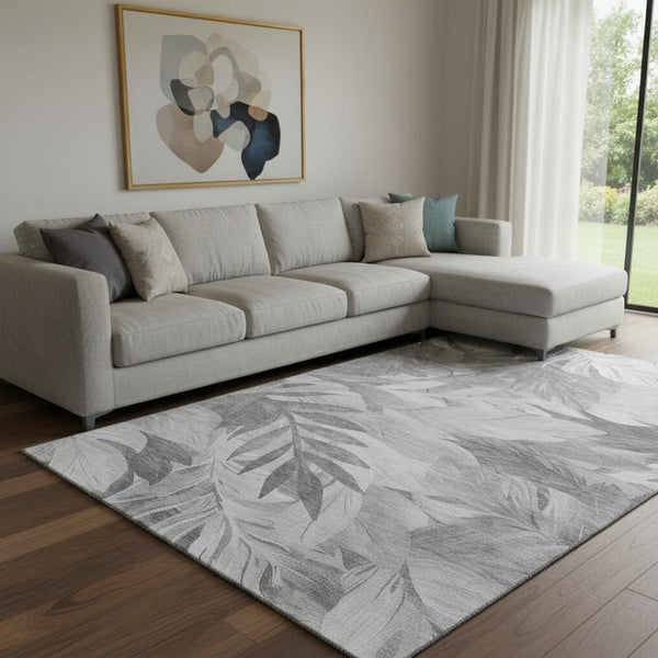 HomeRoots 8' Gray Silver and Charcoal Floral Washable Area Rug - Durable, UV-Protected, Ideal for Busy Homes 694024