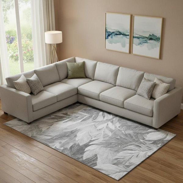 HomeRoots 10' X 14' Stylish Gray Floral Area Rug with UV Protection - Washable, Durable, and Easy Care Elegance 694026