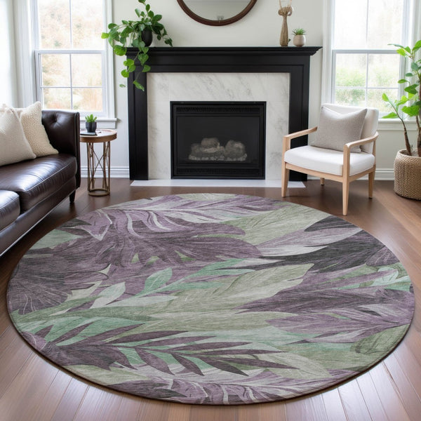 HomeRoots 8' X 8' Floral Round Rug in Lavender and Mint Green - Washable, UV-Protected, Non-Slip Comfort! 694029